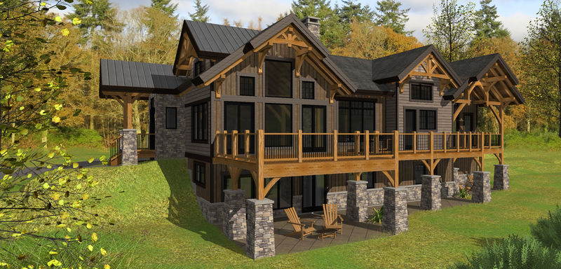 <p>This mountain home was designed to sculpt into a rolling site. The open concept main floor leads to a large Master suite with walk in closets and deck to outside. The lower level is designed for recreation complete with theater room and houses 2 additional bedrooms all opening up to a covered patio expanding across the whole back side of the home.</p>

<p>These drawings are the property of Canadian Timberframes Ltd&reg; and may not be reproduced or copied without our written consent.</p>

